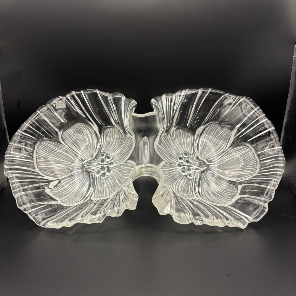 Mikasa 2 Part Server Hibiscus Frost 13" Divided Candy Dish Embossed Centerpiece